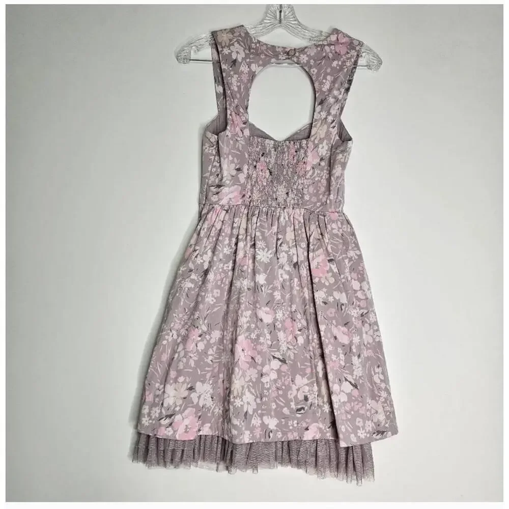 Free People Purple Floral Open Back Sundress Keyhole Tulle Hem Size 4